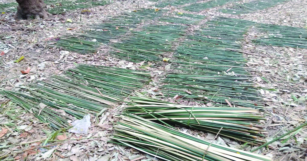 A spread of materials for mat knitting.