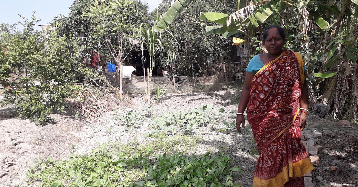A Binodpur woman standing with her kitchen garden.