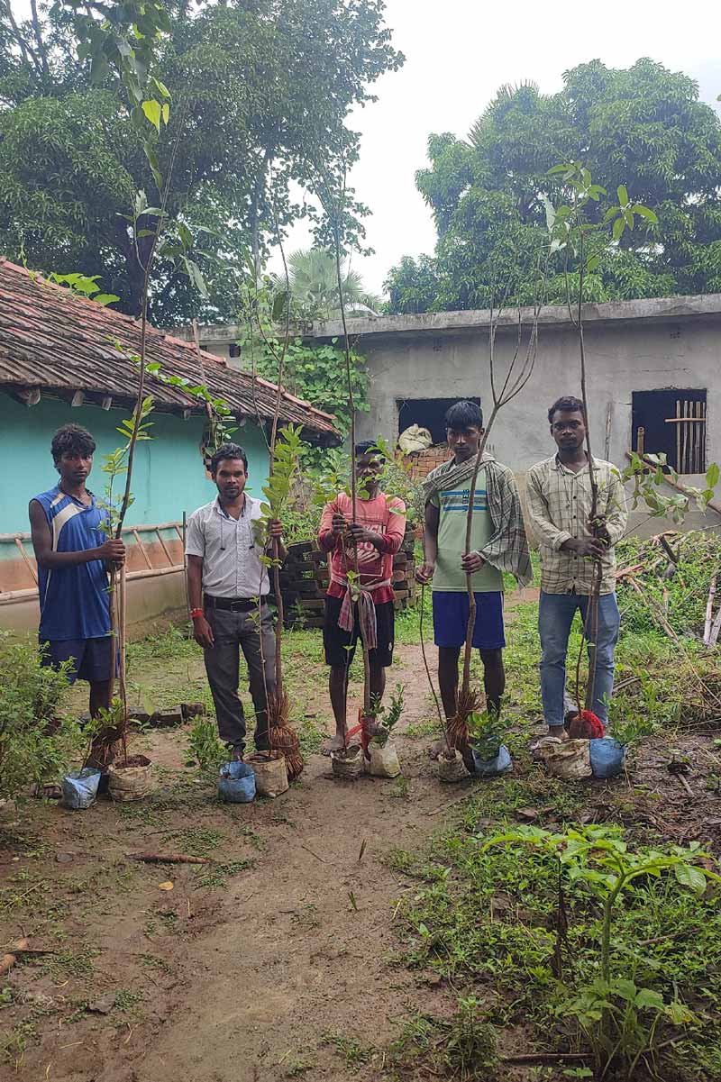 Five villagers from Baromasia Village each holding a tall plant to start their farming.