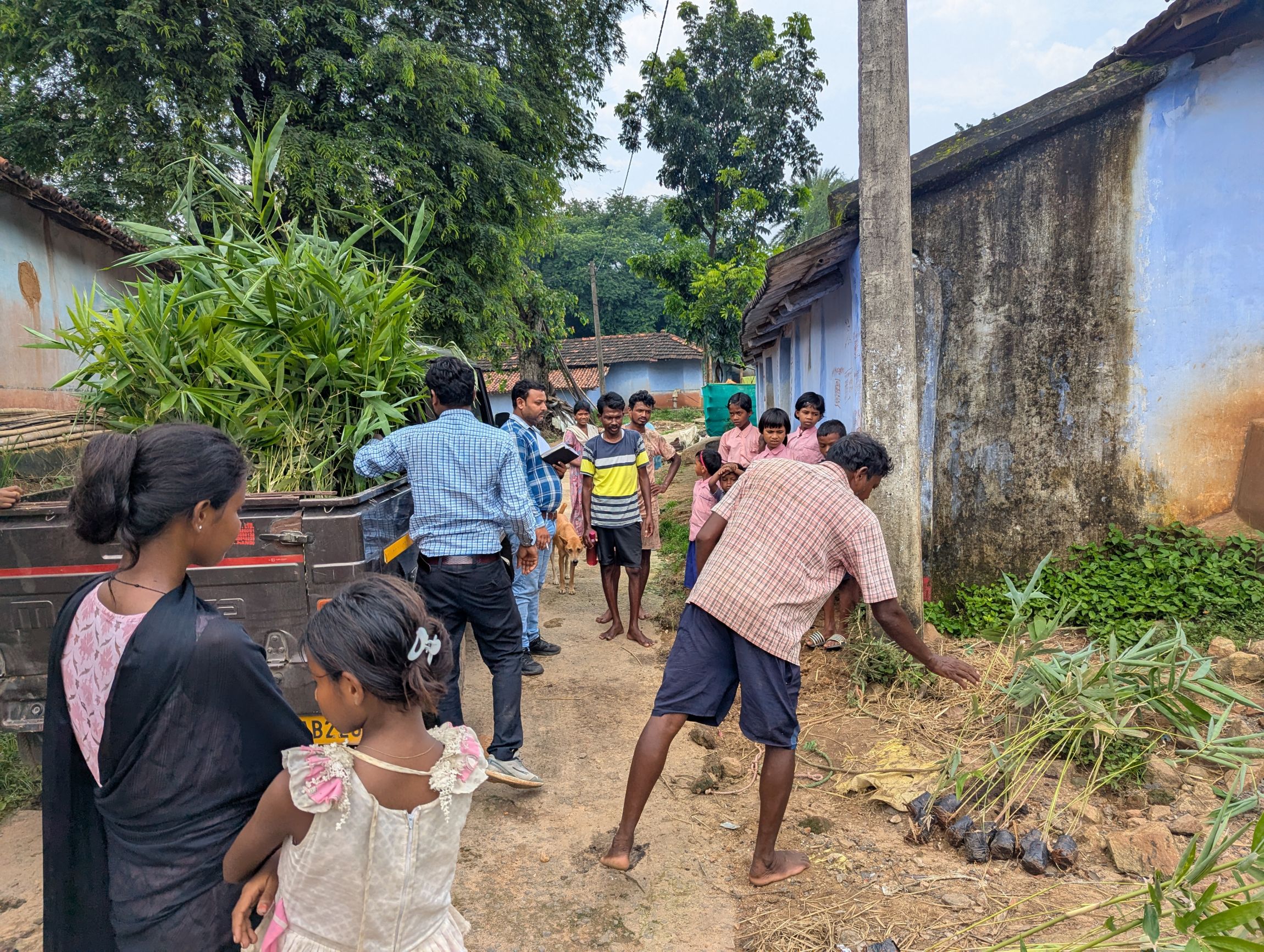 TCD unloading a truckload of bamboo to the Shri Ambra village.