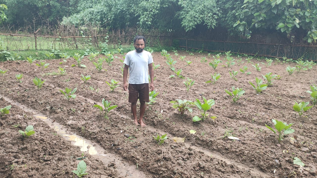 A Baromasia villager standing with his field of crops.